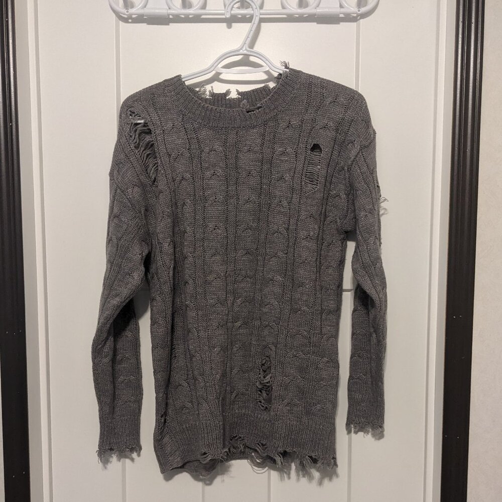 Distressed cable knit grey sweater